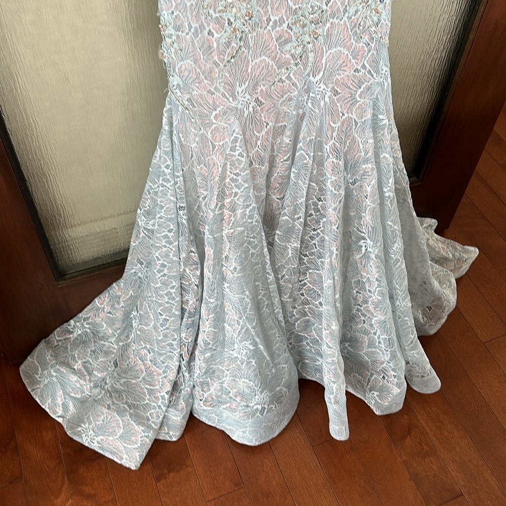 Mac Duggal Ice Blue Embroidered Lace Feathered One Shoulder Gown - Picture 6 of 9
